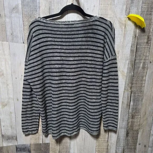 Eileen Fisher Grey and Black Stripe Linen Wool Blend Oversized Knit Sweater - Picture 2 of 4